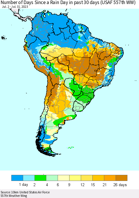 South America Number of Days Since a Rain Day in past 30 days (USAF 557th WW) Thematic Map For 7/26/2023 - 7/31/2023