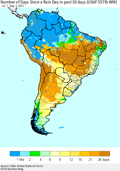 South America Number of Days Since a Rain Day in past 30 days (USAF 557th WW) Thematic Map For 8/1/2023 - 8/5/2023