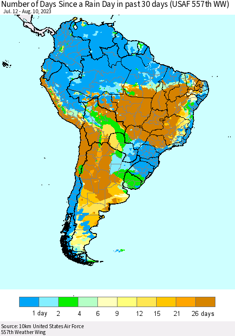 South America Number of Days Since a Rain Day in past 30 days (USAF 557th WW) Thematic Map For 8/6/2023 - 8/10/2023