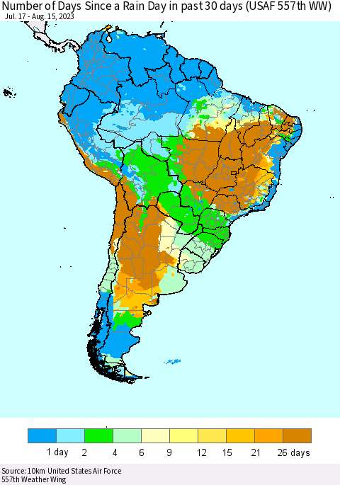 South America Number of Days Since a Rain Day in past 30 days (USAF 557th WW) Thematic Map For 8/11/2023 - 8/15/2023
