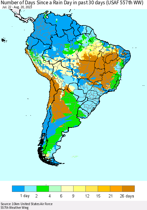 South America Number of Days Since a Rain Day in past 30 days (USAF 557th WW) Thematic Map For 8/16/2023 - 8/20/2023