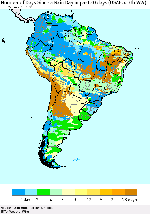 South America Number of Days Since a Rain Day in past 30 days (USAF 557th WW) Thematic Map For 8/21/2023 - 8/25/2023