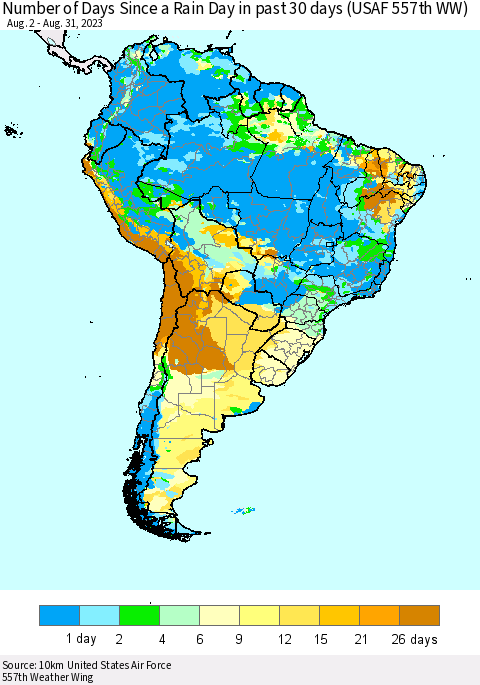 South America Number of Days Since a Rain Day in past 30 days (USAF 557th WW) Thematic Map For 8/26/2023 - 8/31/2023