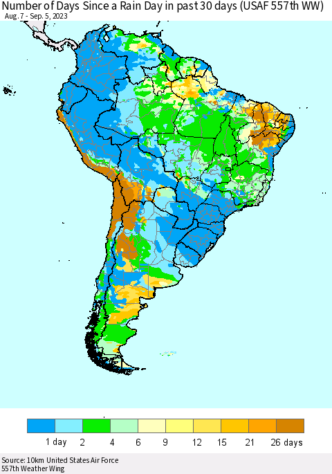South America Number of Days Since a Rain Day in past 30 days (USAF 557th WW) Thematic Map For 9/1/2023 - 9/5/2023