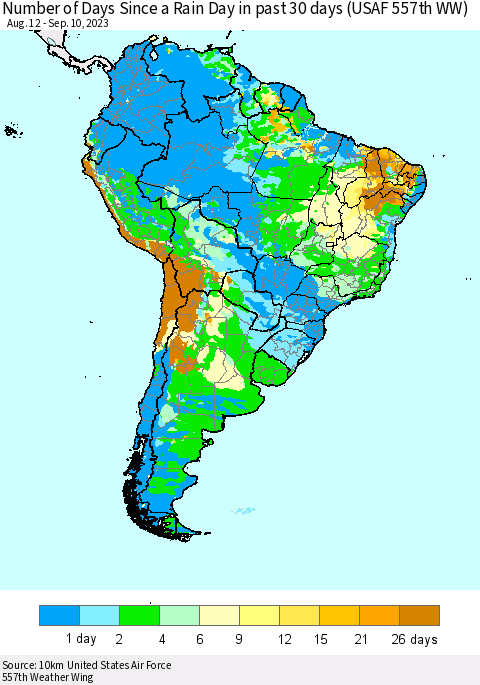 South America Number of Days Since a Rain Day in past 30 days (USAF 557th WW) Thematic Map For 9/6/2023 - 9/10/2023