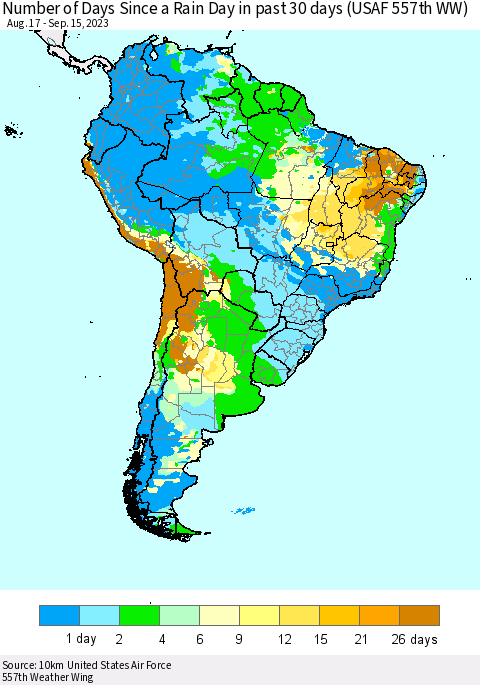 South America Number of Days Since a Rain Day in past 30 days (USAF 557th WW) Thematic Map For 9/11/2023 - 9/15/2023