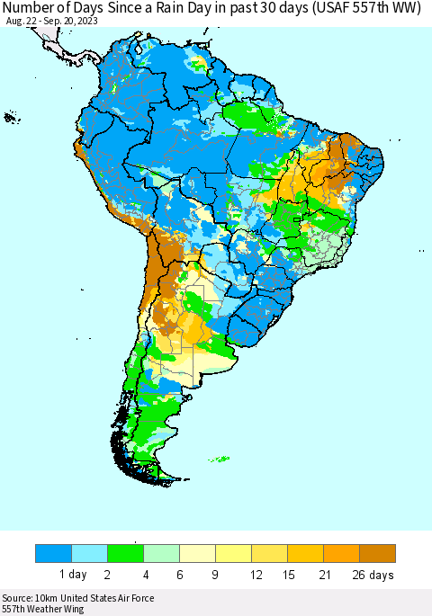 South America Number of Days Since a Rain Day in past 30 days (USAF 557th WW) Thematic Map For 9/16/2023 - 9/20/2023