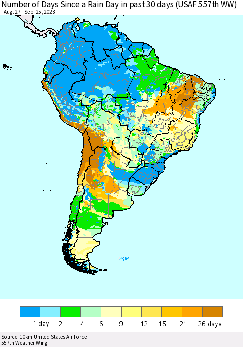 South America Number of Days Since a Rain Day in past 30 days (USAF 557th WW) Thematic Map For 9/21/2023 - 9/25/2023