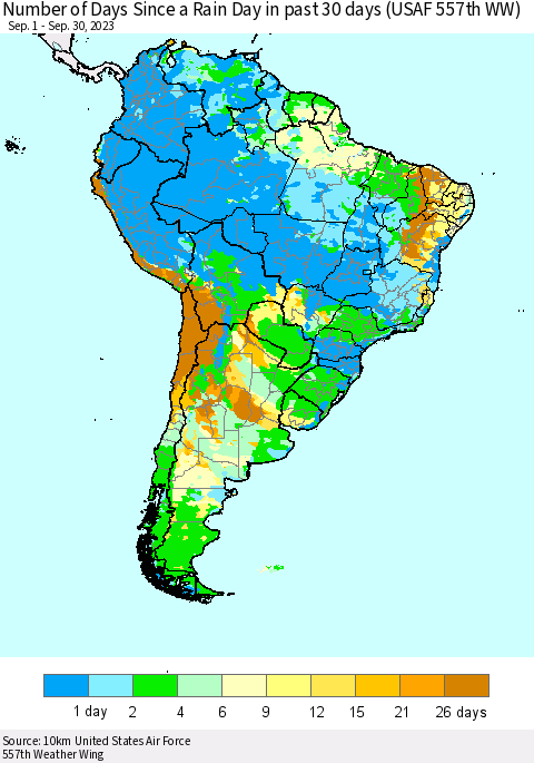 South America Number of Days Since a Rain Day in past 30 days (USAF 557th WW) Thematic Map For 9/26/2023 - 9/30/2023