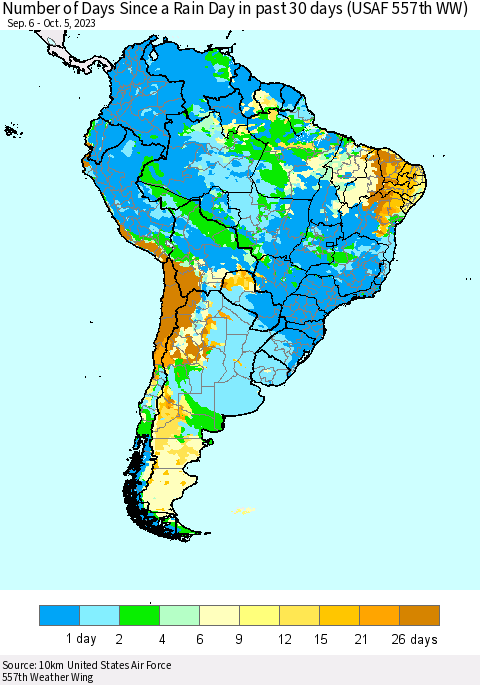 South America Number of Days Since a Rain Day in past 30 days (USAF 557th WW) Thematic Map For 10/1/2023 - 10/5/2023
