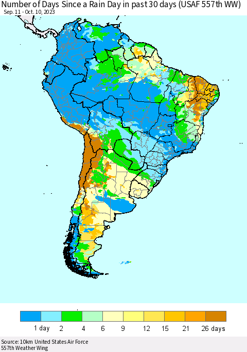 South America Number of Days Since a Rain Day in past 30 days (USAF 557th WW) Thematic Map For 10/6/2023 - 10/10/2023