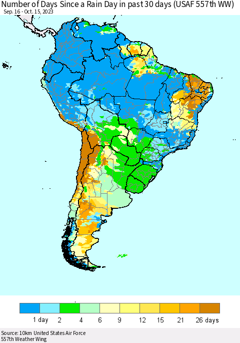 South America Number of Days Since a Rain Day in past 30 days (USAF 557th WW) Thematic Map For 10/11/2023 - 10/15/2023