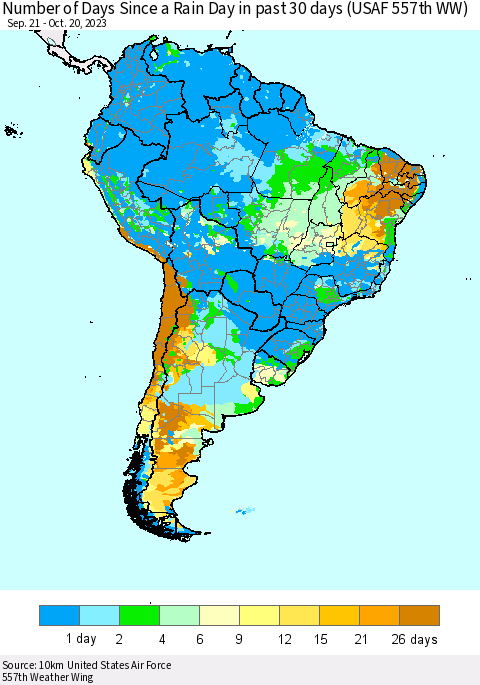 South America Number of Days Since a Rain Day in past 30 days (USAF 557th WW) Thematic Map For 10/16/2023 - 10/20/2023