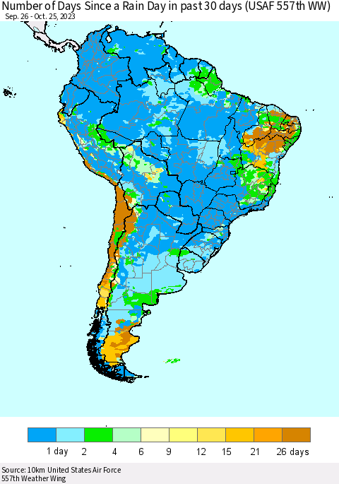 South America Number of Days Since a Rain Day in past 30 days (USAF 557th WW) Thematic Map For 10/21/2023 - 10/25/2023