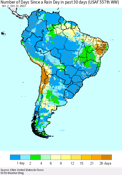 South America Number of Days Since a Rain Day in past 30 days (USAF 557th WW) Thematic Map For 10/26/2023 - 10/31/2023