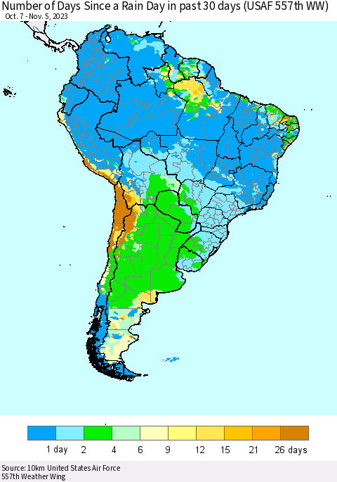 South America Number of Days Since a Rain Day in past 30 days (USAF 557th WW) Thematic Map For 11/1/2023 - 11/5/2023