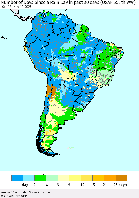South America Number of Days Since a Rain Day in past 30 days (USAF 557th WW) Thematic Map For 11/6/2023 - 11/10/2023