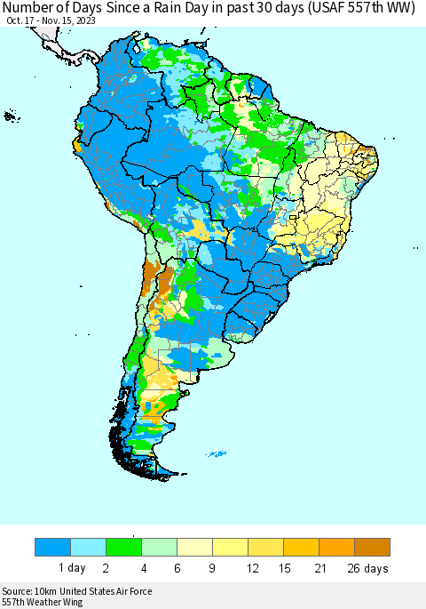 South America Number of Days Since a Rain Day in past 30 days (USAF 557th WW) Thematic Map For 11/11/2023 - 11/15/2023