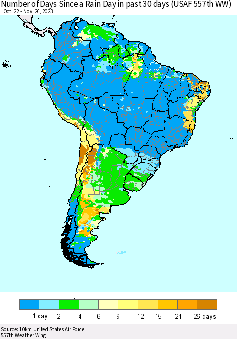 South America Number of Days Since a Rain Day in past 30 days (USAF 557th WW) Thematic Map For 11/16/2023 - 11/20/2023