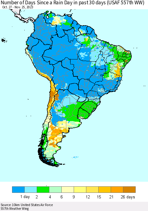 South America Number of Days Since a Rain Day in past 30 days (USAF 557th WW) Thematic Map For 11/21/2023 - 11/25/2023