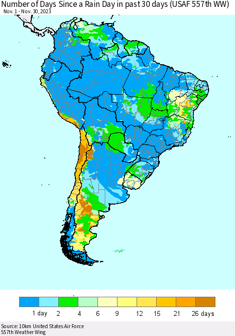 South America Number of Days Since a Rain Day in past 30 days (USAF 557th WW) Thematic Map For 11/26/2023 - 11/30/2023