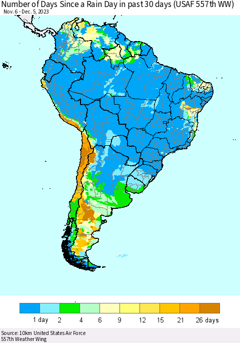 South America Number of Days Since a Rain Day in past 30 days (USAF 557th WW) Thematic Map For 12/1/2023 - 12/5/2023