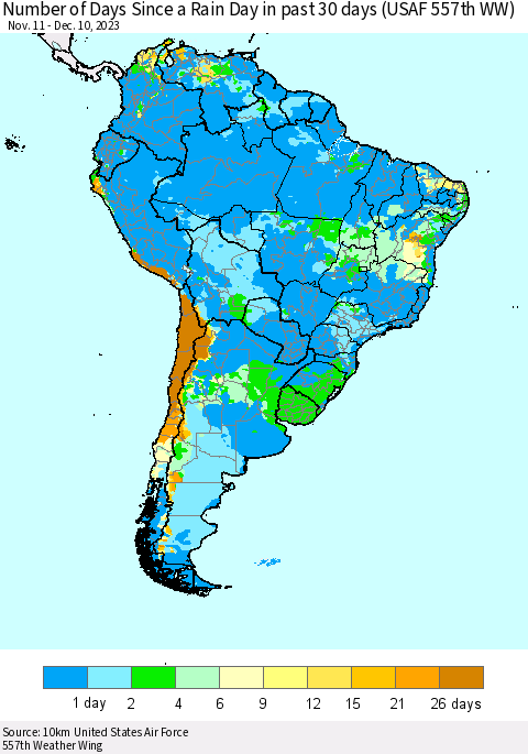 South America Number of Days Since a Rain Day in past 30 days (USAF 557th WW) Thematic Map For 12/6/2023 - 12/10/2023