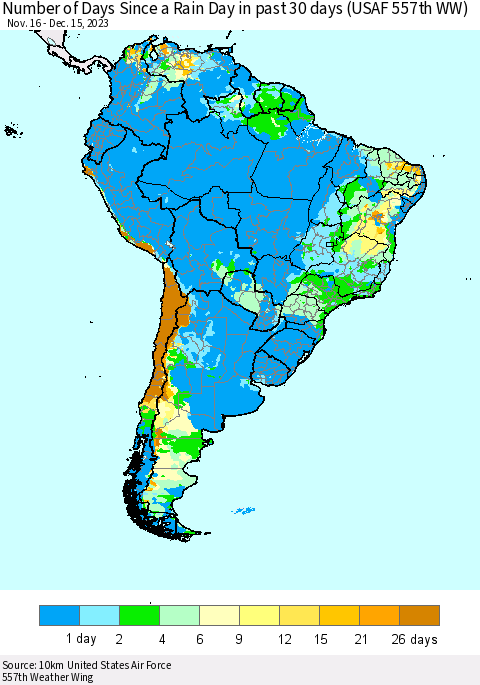 South America Number of Days Since a Rain Day in past 30 days (USAF 557th WW) Thematic Map For 12/11/2023 - 12/15/2023