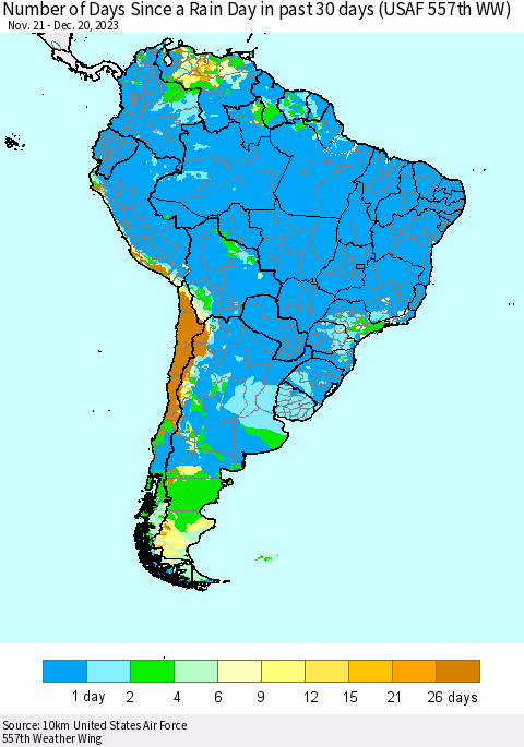 South America Number of Days Since a Rain Day in past 30 days (USAF 557th WW) Thematic Map For 12/16/2023 - 12/20/2023