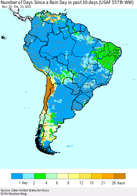 South America Number of Days Since a Rain Day in past 30 days (USAF 557th WW) Thematic Map For 12/21/2023 - 12/25/2023