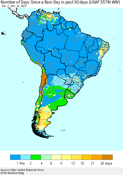 South America Number of Days Since a Rain Day in past 30 days (USAF 557th WW) Thematic Map For 12/26/2023 - 12/31/2023