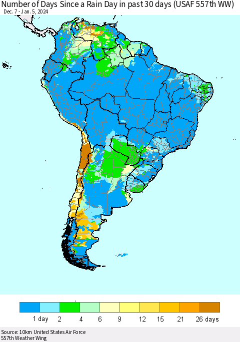 South America Number of Days Since a Rain Day in past 30 days (USAF 557th WW) Thematic Map For 1/1/2024 - 1/5/2024
