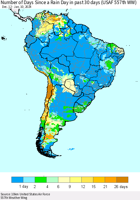 South America Number of Days Since a Rain Day in past 30 days (USAF 557th WW) Thematic Map For 1/6/2024 - 1/10/2024