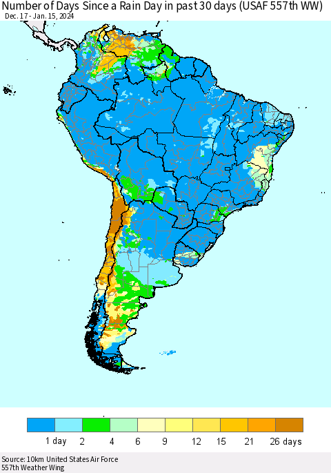 South America Number of Days Since a Rain Day in past 30 days (USAF 557th WW) Thematic Map For 1/11/2024 - 1/15/2024