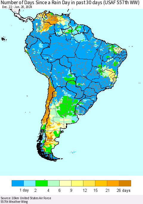 South America Number of Days Since a Rain Day in past 30 days (USAF 557th WW) Thematic Map For 1/16/2024 - 1/20/2024