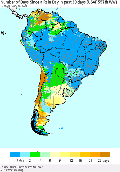 South America Number of Days Since a Rain Day in past 30 days (USAF 557th WW) Thematic Map For 1/21/2024 - 1/25/2024