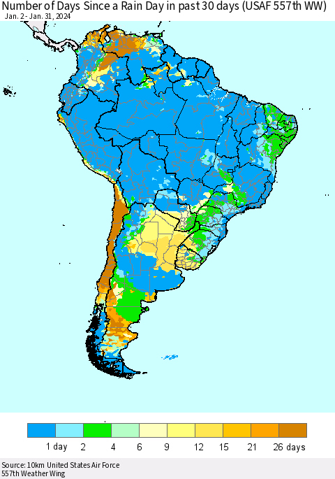 South America Number of Days Since a Rain Day in past 30 days (USAF 557th WW) Thematic Map For 1/26/2024 - 1/31/2024