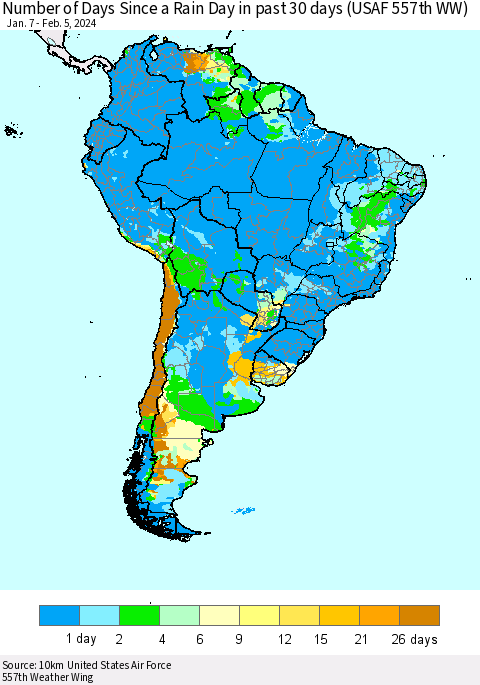 South America Number of Days Since a Rain Day in past 30 days (USAF 557th WW) Thematic Map For 2/1/2024 - 2/5/2024