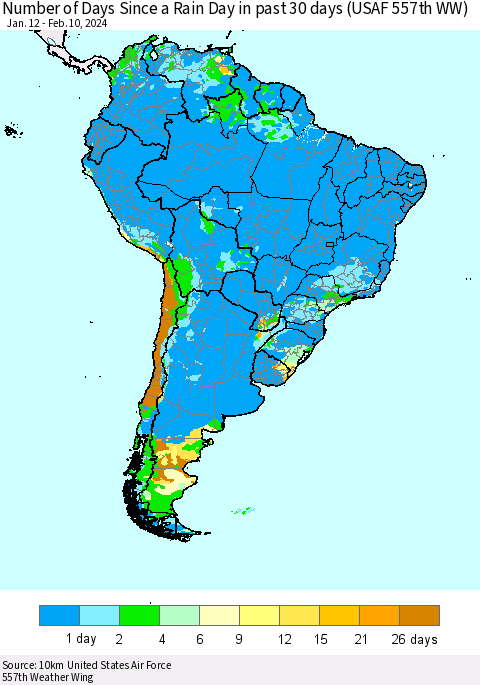 South America Number of Days Since a Rain Day in past 30 days (USAF 557th WW) Thematic Map For 2/6/2024 - 2/10/2024