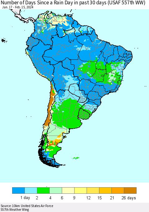South America Number of Days Since a Rain Day in past 30 days (USAF 557th WW) Thematic Map For 2/11/2024 - 2/15/2024