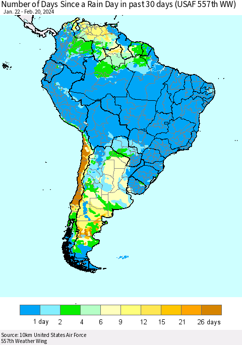 South America Number of Days Since a Rain Day in past 30 days (USAF 557th WW) Thematic Map For 2/16/2024 - 2/20/2024