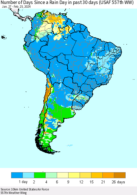 South America Number of Days Since a Rain Day in past 30 days (USAF 557th WW) Thematic Map For 2/21/2024 - 2/25/2024