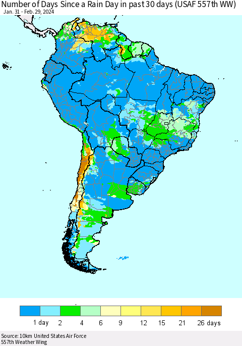 South America Number of Days Since a Rain Day in past 30 days (USAF 557th WW) Thematic Map For 2/26/2024 - 2/29/2024