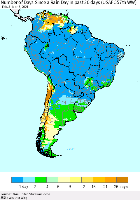 South America Number of Days Since a Rain Day in past 30 days (USAF 557th WW) Thematic Map For 3/1/2024 - 3/5/2024
