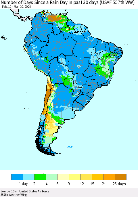 South America Number of Days Since a Rain Day in past 30 days (USAF 557th WW) Thematic Map For 3/6/2024 - 3/10/2024