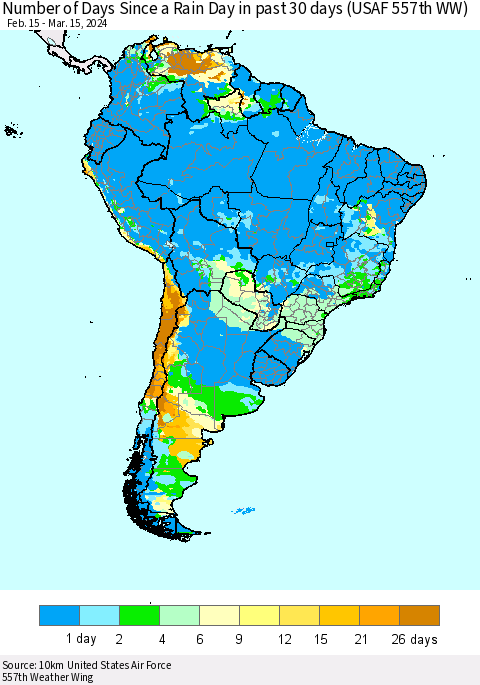 South America Number of Days Since a Rain Day in past 30 days (USAF 557th WW) Thematic Map For 3/11/2024 - 3/15/2024