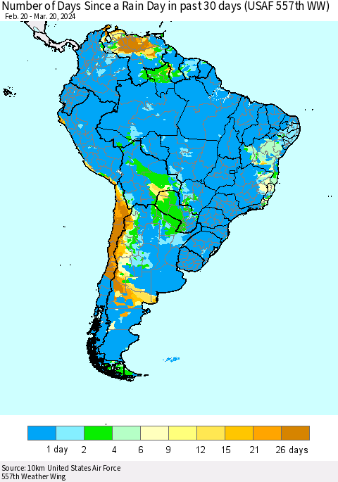South America Number of Days Since a Rain Day in past 30 days (USAF 557th WW) Thematic Map For 3/16/2024 - 3/20/2024