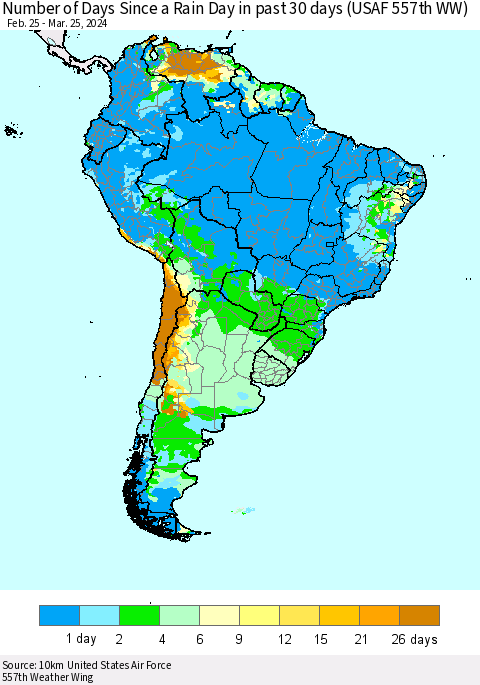 South America Number of Days Since a Rain Day in past 30 days (USAF 557th WW) Thematic Map For 3/21/2024 - 3/25/2024
