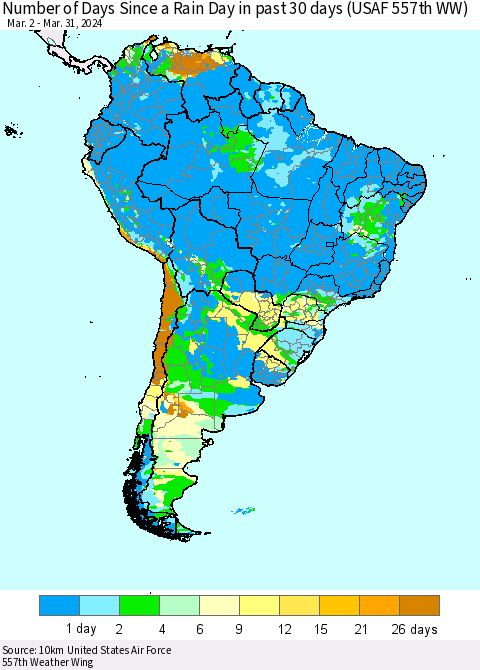 South America Number of Days Since a Rain Day in past 30 days (USAF 557th WW) Thematic Map For 3/26/2024 - 3/31/2024