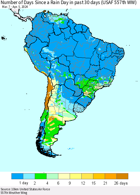 South America Number of Days Since a Rain Day in past 30 days (USAF 557th WW) Thematic Map For 4/1/2024 - 4/5/2024